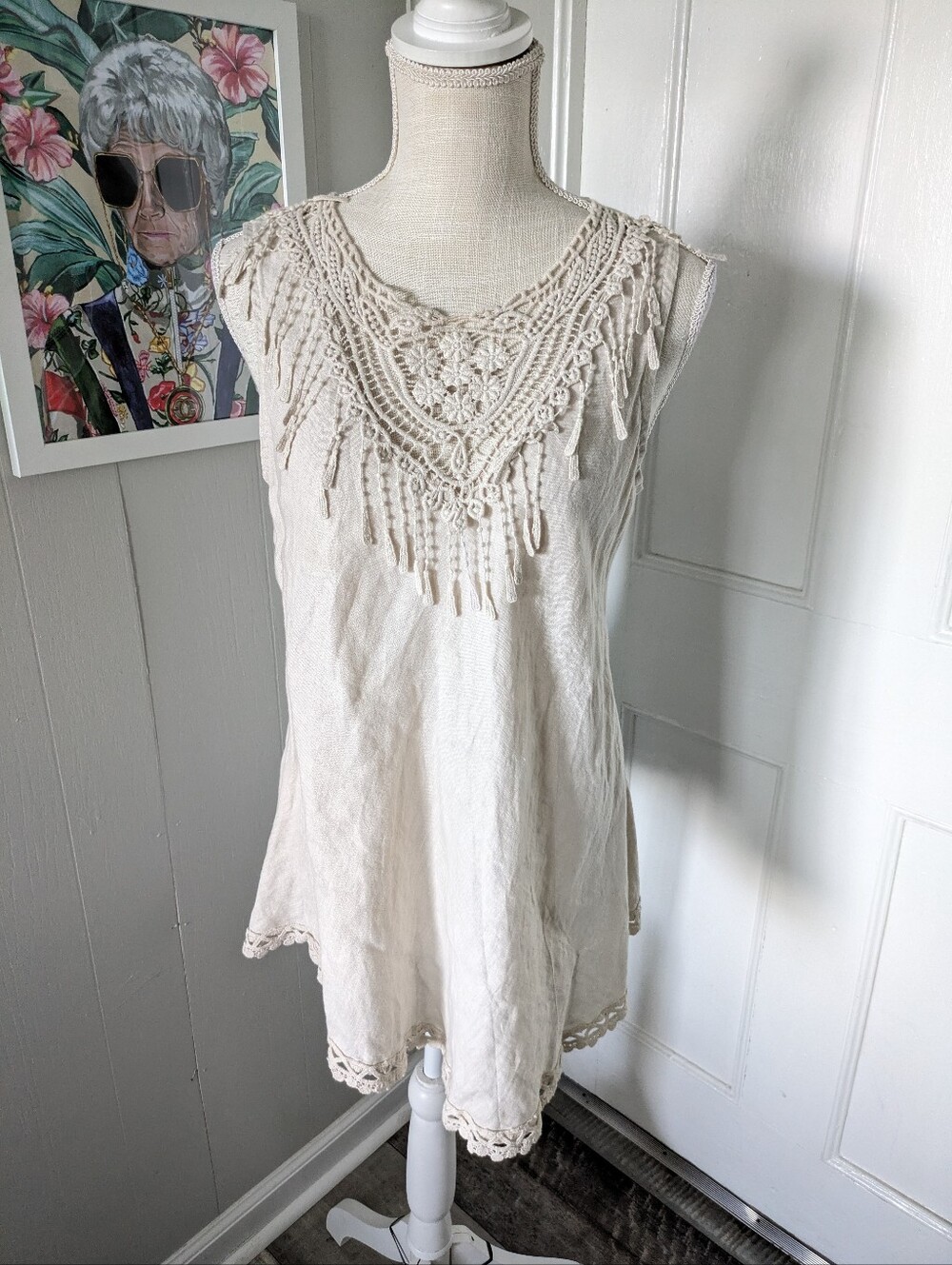 Elena Baldi 100% Linen Beige fringe‎ tank *